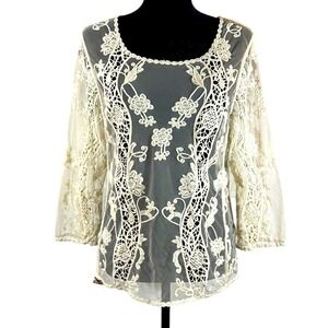 Hippie Laundry Cottagcore Lace Sheer Top Med  Ivory Embroidered Crochet Festival